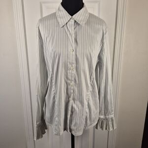 Apostrophe Pinstripe Button-Down Shirt Size 10 Pleated Ruffle Cuff Old-Money